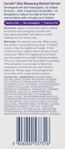CeraVe Anti-Aging Retinol Serum Smoothing Cream Serum for Fine Lines & Brightening | With Retinol, Hyaluronic Acid, Niacinamide & Ceramides